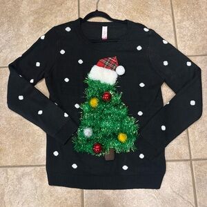 No Boundaries Black Christmas Sweater with Green Tree